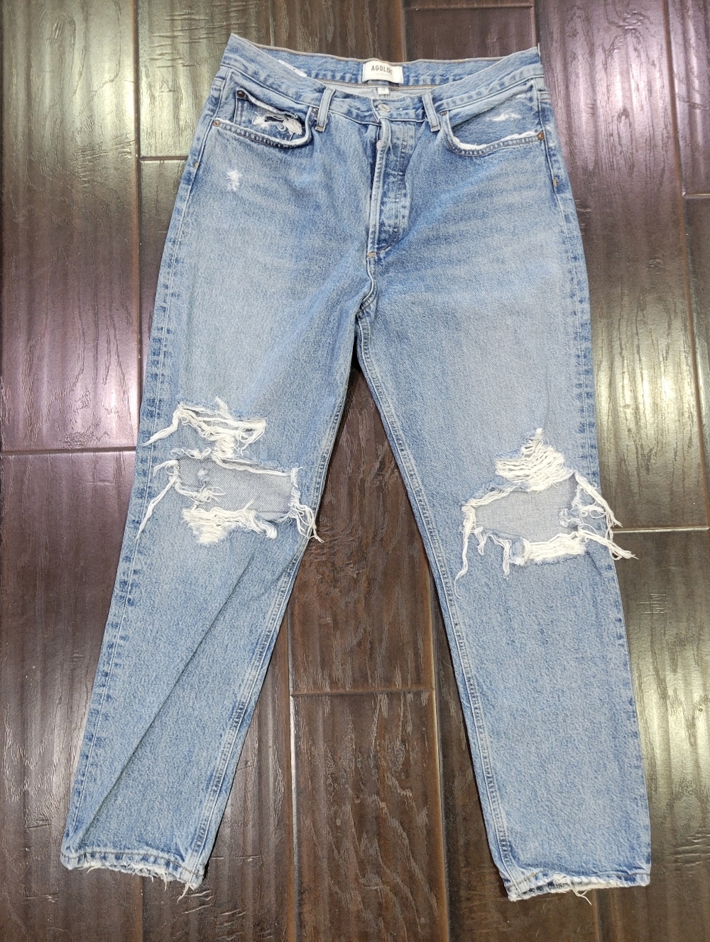 Agolde Fen HR Button Fly Relaxed Tapered Distressed Blue Jeans Women's 29x27